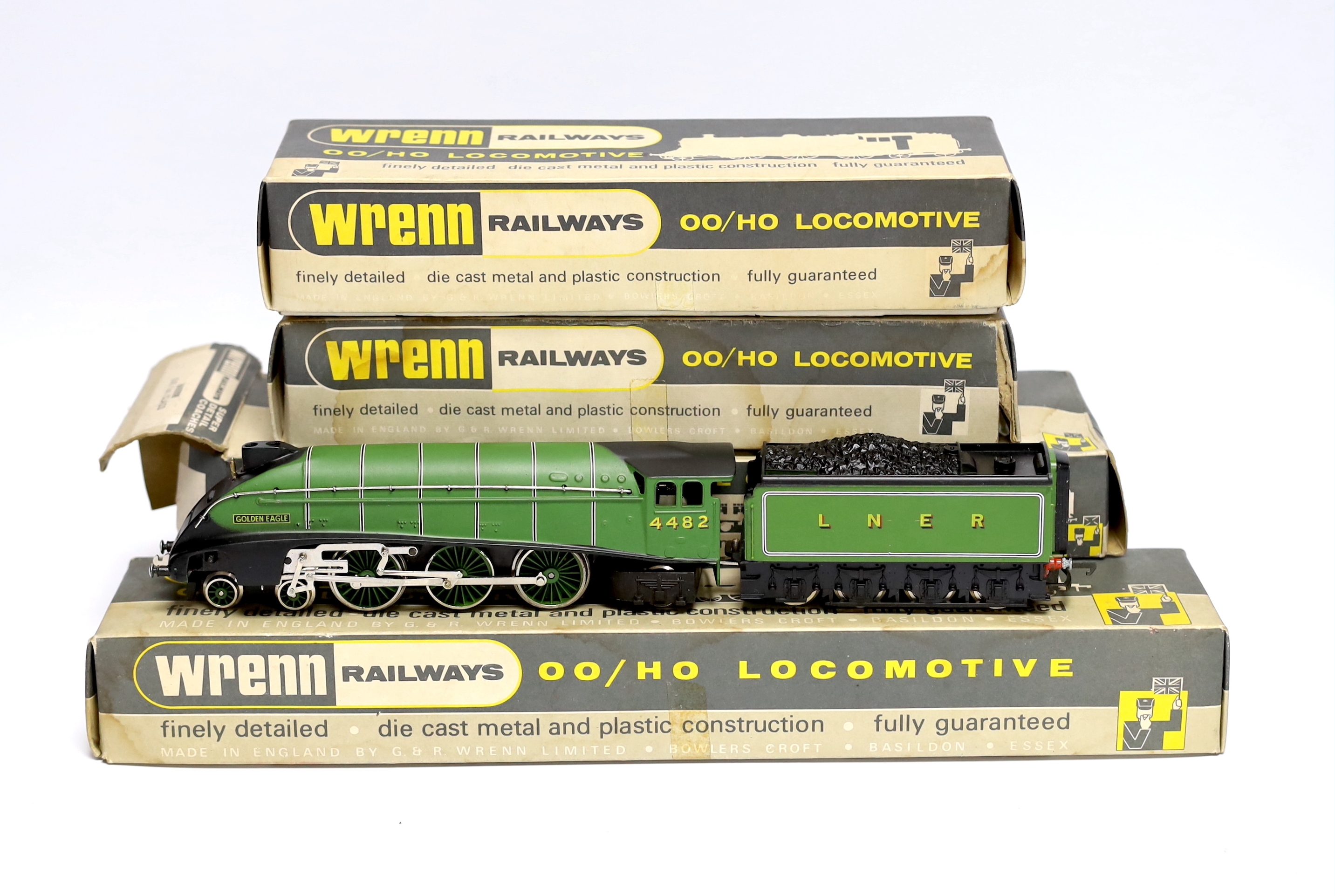 Four boxed Wren Railways 00 gauge locomotives; an LNER Class A4, Golden Eagle 4482 (W2209), a Southern Railway Class 4MT, 1927 (W2245), a BR Class 20 Bo-Bo diesel loco D8017 (W2230) and a Shell 0-6-0T locomotive (W2203),